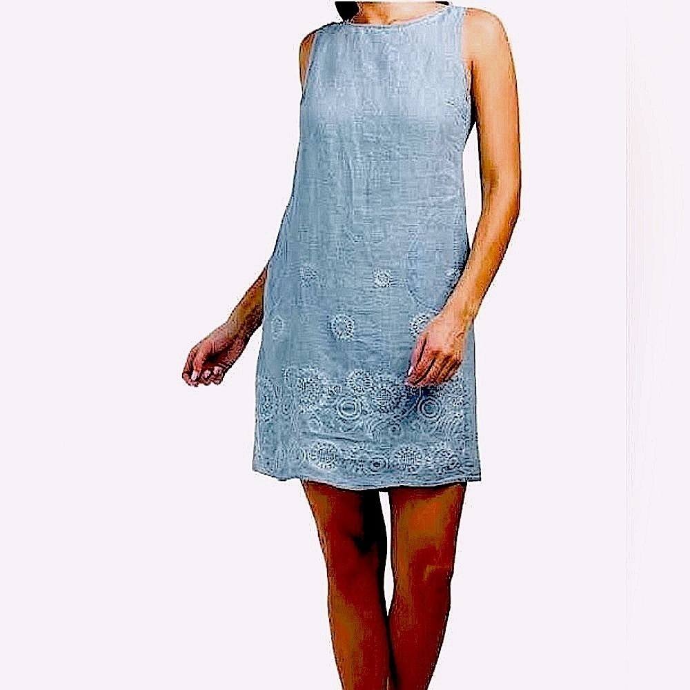 Lina Tomei 100% linen dress made in Italy, gray with flower details and pockets